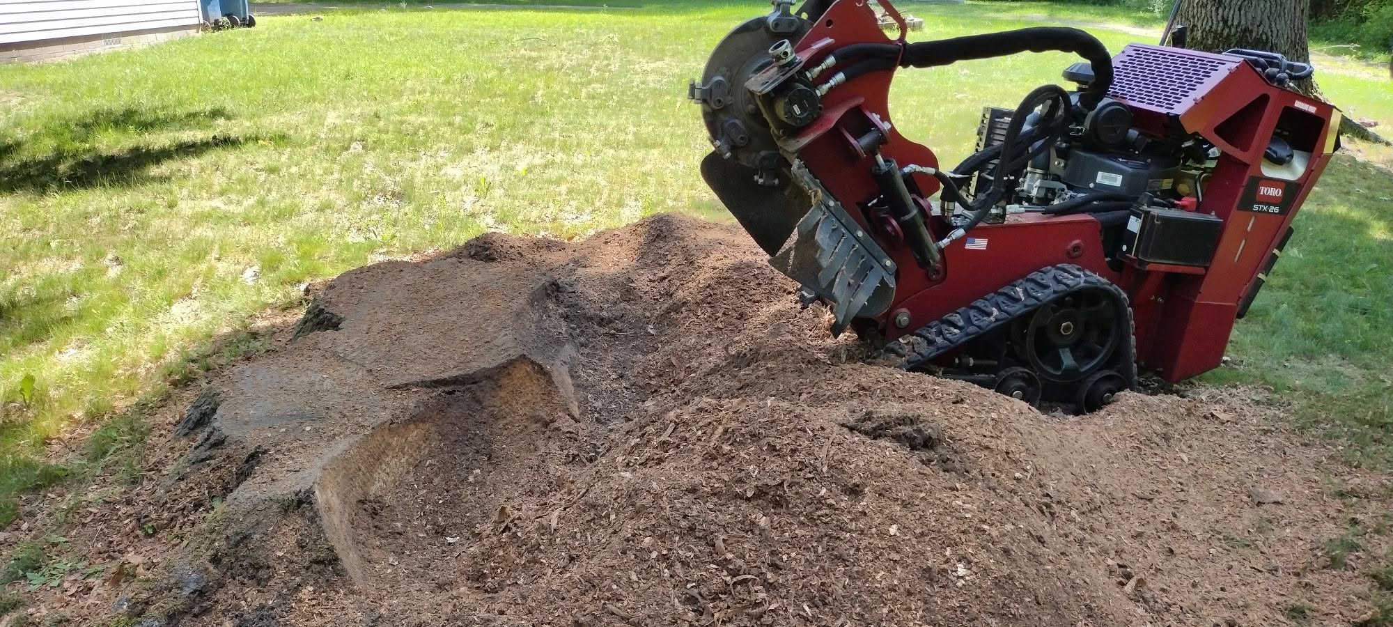 Tracked Toro stump grinder working on a large stump